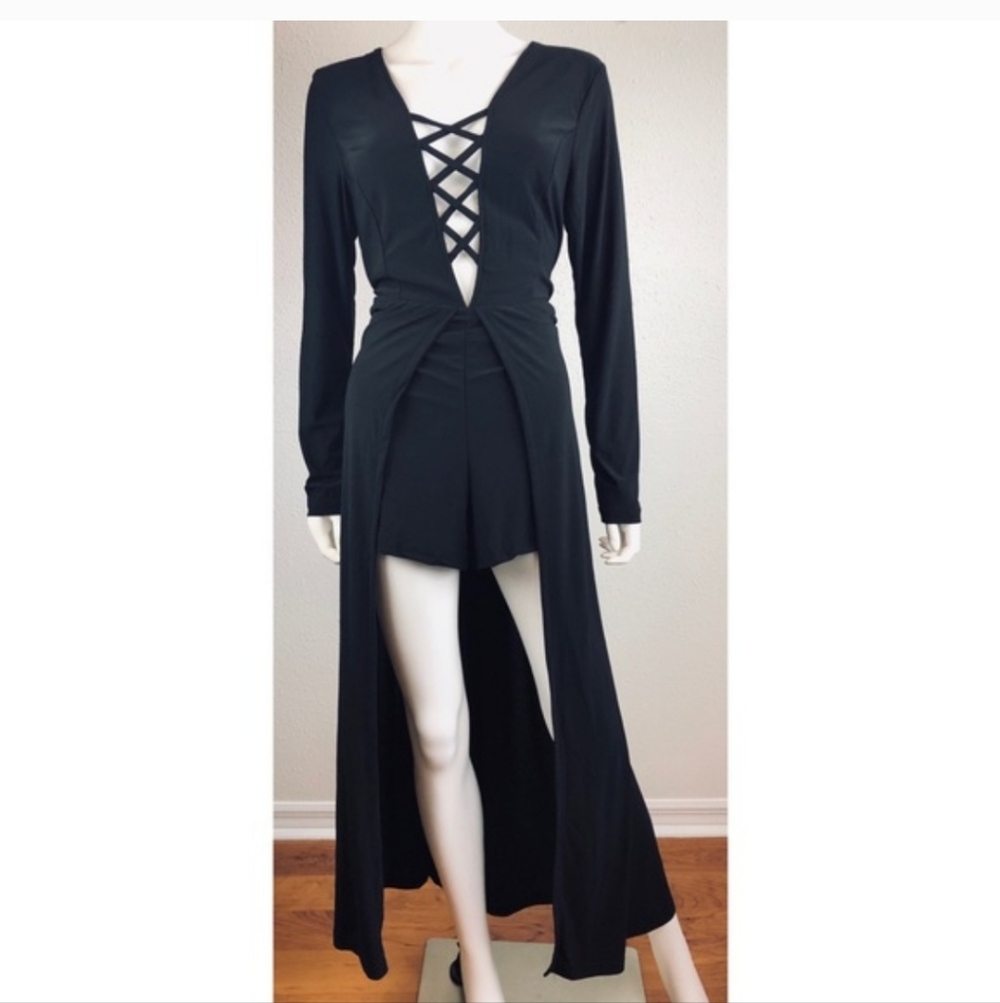 Venus Black Lace Up Neck Maxi Romper With Shorts